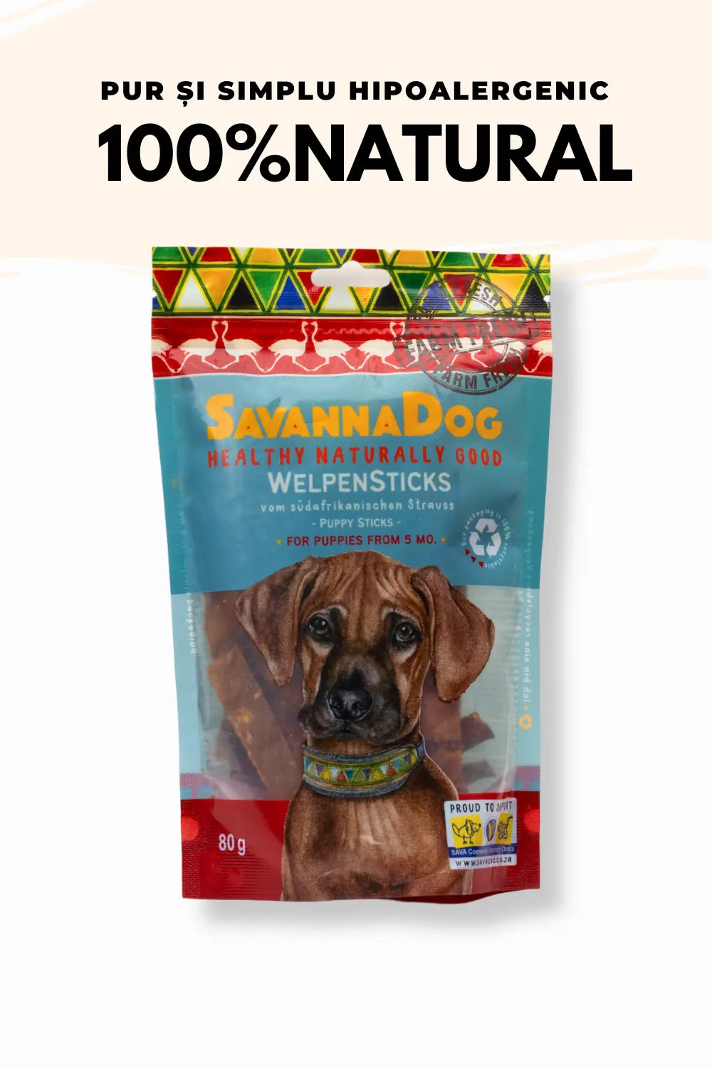 Recompense Hipoalergenice pentru Pui 100% Naturale din Carne de Struț - SAVANNA DOG Stick-uri, 80g 4ped